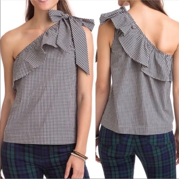 Vineyard Vines Tops Black and White Gingham One Shoulder Bow Tie Tank - Picture 1 of 4